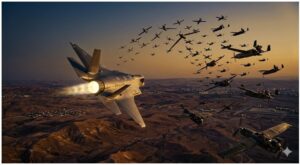 A cinematic digital art piece showing a high-tech F-35 stealth fighter jet with a glowing gold engine exhaust, flying over a desert landscape at dusk while being swarmed by dozens of crude, propeller-driven "trash drones" representing Iranian Arash-2 loitering munitions.
