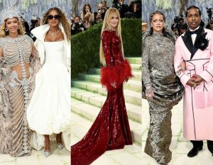 Beyoncé in a crystal skeletal gown, Blue Ivy in a white Balenciaga bubble dress, Nicole Kidman in crimson Chanel, and Rihanna with A$AP Rocky at the 2026 Met Gala.