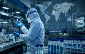 alt="Biosafety researcher in protective suit examines specimen vials in laboratory with global map showing biolab locations"