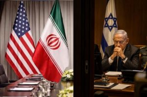US and Iranian flags at negotiating table alongside Israeli PM Netanyahu in cabinet session during 2026 ceasefire talks