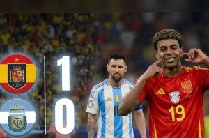 Spain beat Argentina 1-0 in the 2026 FIFA World Cup final, with Lamine Yamal celebrating as Lionel Messi looks on