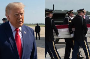 Split image of President Trump speaking to reporters and a military carry team transferring a flag-draped casket during a dignified transfer at Dover Air Force Base.