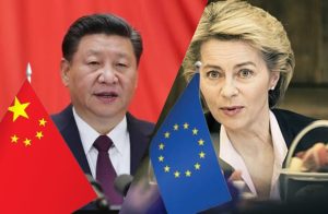 Xi Jinping and Ursula von der Leyen split image with Chinese and EU flags