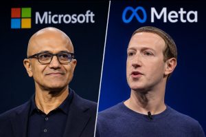Split photo of Microsoft CEO Satya Nadella next to Meta CEO Mark Zuckerberg with company logos in the background.