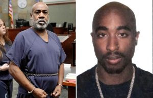 Split image: Duane "Keffe D" Davis in courtroom jail garb, shackled, next to a portrait photo of Tupac Shakur.