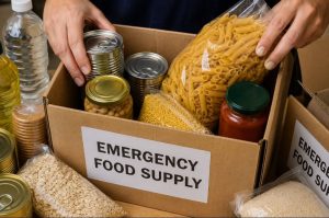 Hands placing a bag of pasta into a cardboard box labeled Emergency Food Supply, surrounded by canned goods and non-perishables.