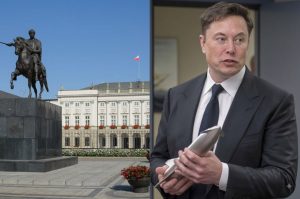 Composite image featuring the Presidential Palace in Warsaw, Poland, on the left, juxtaposed against SpaceX CEO Elon Musk holding a rocket model on the right.