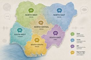 Map of Nigeria divided into six geopolitical zones labeled with primary regional languages—Hausa in the North, Yorùbá in the South-West, Igbo in the South-East, and Pidgin in the South-South—alongside a legend describing each language's role.