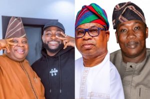 Governor Ademola Adeleke with Davido on the left, next to APC candidate Bola Oyebamiji and ADC candidate Najeem Salam on the right.