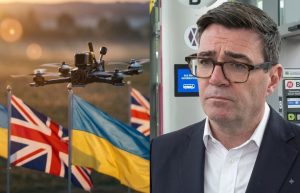 Split image showing a drone above British and Ukrainian flags on the left, and UK Prime Minister Andy Burnham speaking during a press interview on the right.