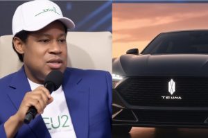 Chris Oyakhilome speaking beside a photo of the Vision Series electric SUV unveiled by Christ Embassy at NEU 2026.