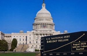A photograph of the western front of the U.S. Capitol under a clear blue sky, partially overlaid in the lower right corner by a black graphic from The AWB News. The graphic displays "U.S. NATIONAL DEBT $40.047 TRILLION" above an ascending line chart tracing national debt growth from 2000 to 2026, featuring a marker highlighting the August 2026 milestone.