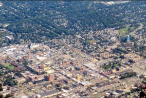 Aerial view of residential neighborhoods and commercial areas in Hempstead, New York.