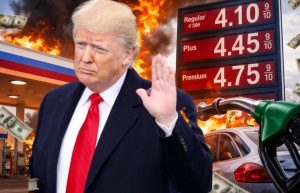 Illustration of Donald Trump with a raised hand in front of a burning gas station, with a price sign showing $4.10 for regular gasoline, symbolizing the political impact of Iran war gas prices on the midterms.