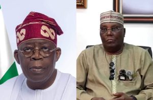 Split image of Nigerian President Bola Tinubu in traditional cap on left and ADC presidential candidate Atiku Abubakar speaking during a Hausa-language televised interview on right