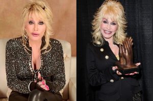 Composite image of country music icon Dolly Parton. Left, she speaks at the 82nd Annual Peabody Awards wearing a black embellished jacket; right, she smiles while holding a bronze trophy and wearing a black blazer.