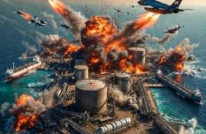 U.S. President Donald Trump pictured alongside an AI-generated depiction of explosions destroying Iran’s Kharg Island, an oil-export hub, in imagery Trump posted on Truth Social.