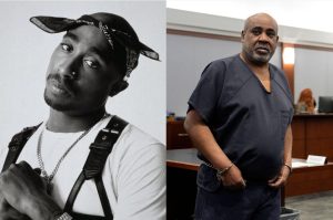 Split image of rapper Tupac Shakur and Duane “Keffe D” Davis in court following Davis’s conviction in Shakur’s 1996 murder case.
