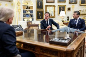 NATO Secretary General Mark Rutte speaks with President Trump and Secretary of War Pete Hegseth in the Oval Office